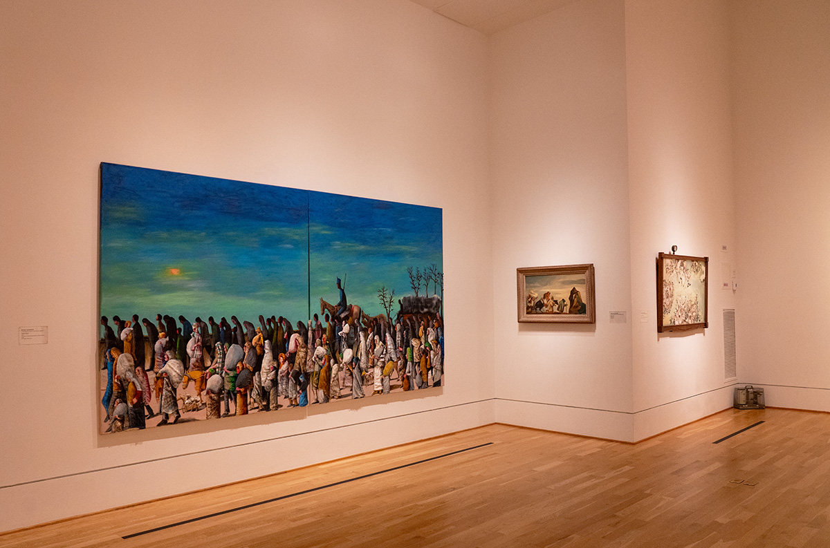 Installation view of one very large painting and two small artworks
