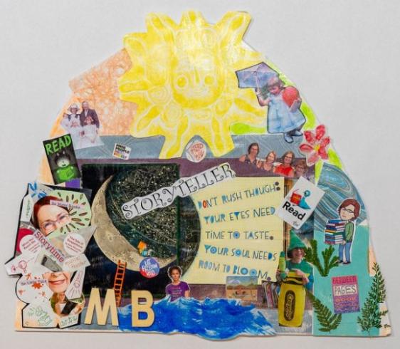 Collage with a large sun at the top and cropped photos and words beneath.