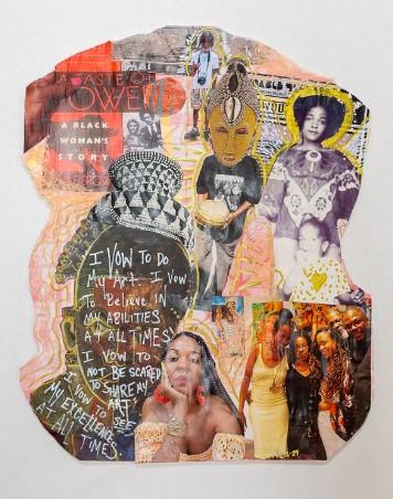 Collage with various portraits of people and words.