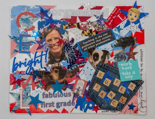 Red, white, and blue collage with various words and photos.