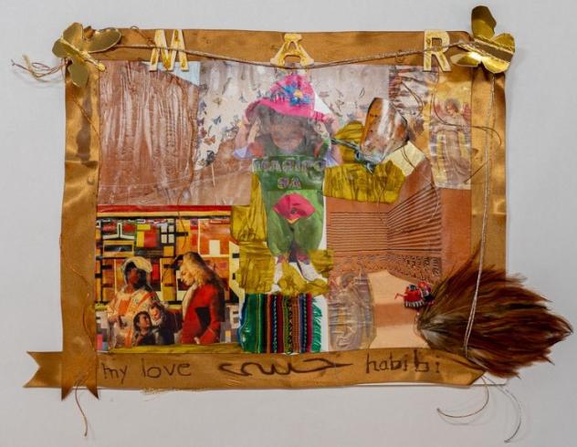 Gold collage with various paper, photo, and materials.