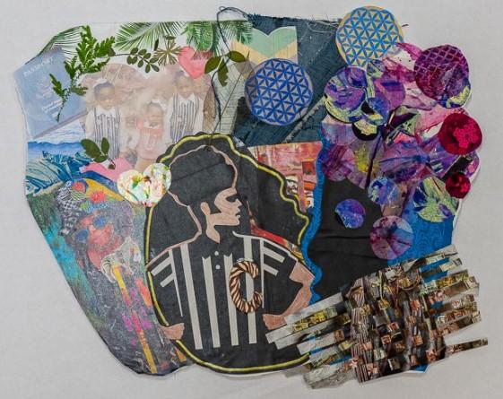 Collage with various shapes of patterned paper.