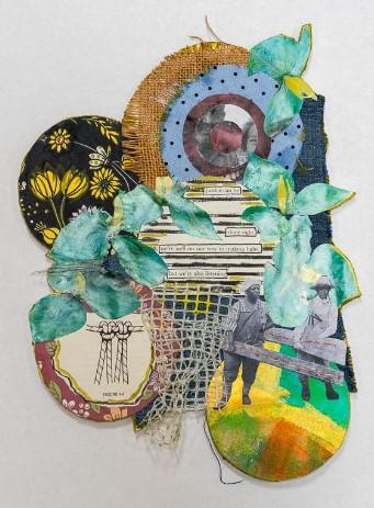 Collage with various circles of patterned paper and words.