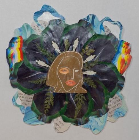 Collage with a person's face in the middle, surrounded by standing figures.