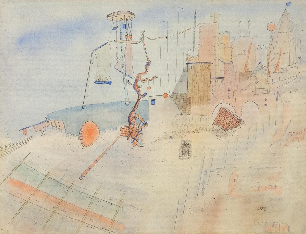 Illustration with ink of a sparse circus-like setting, with soft blues and oranges