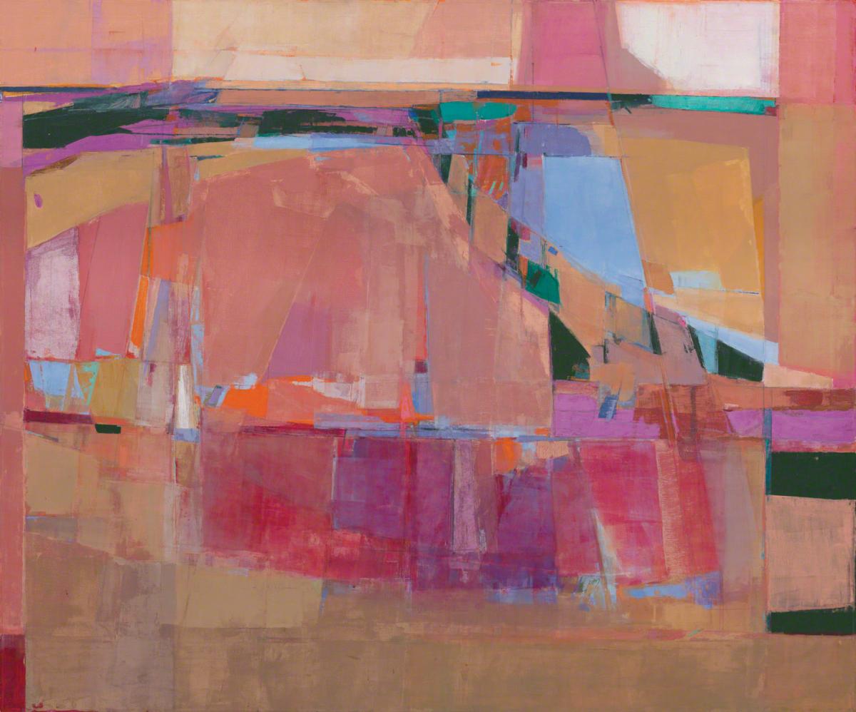 Abstract painting with mostly pink and peach colored shapes