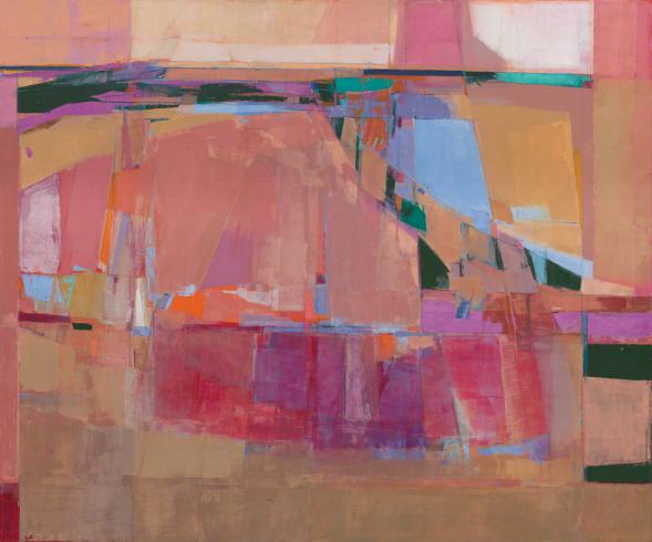 Abstract painting with mostly pink and peach colored shapes