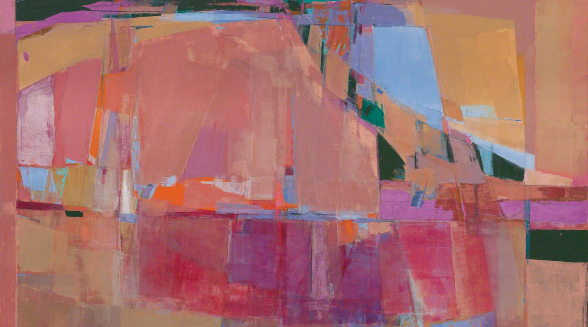 Abstract painting with mostly pink and peach colored shapes