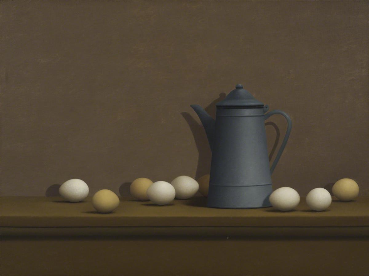 William Bailey, Migianella Still Life with Eggs and Coffee Pot, 1975-76.