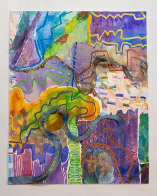 Purple, yellow, and blue collage with lines in all sizes and direction.