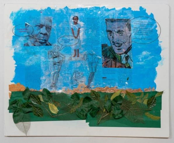 Collage with a sky, green leaves, and newsprint images.
