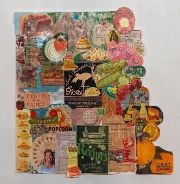 Collage of different food brand labels in the shape of a US state.