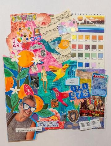 Collage of a woman with colorful items that represent her.