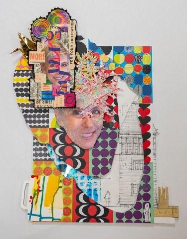 Collage of a woman's face surrounded by patterned paper.