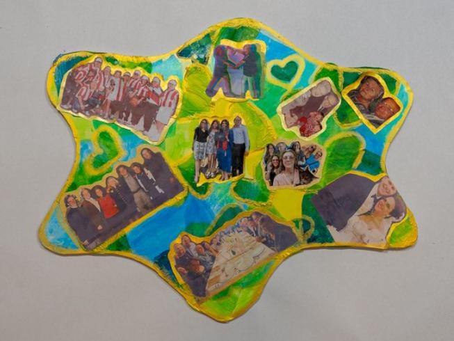 A green and yellow star-shaped collage with photos of people together.