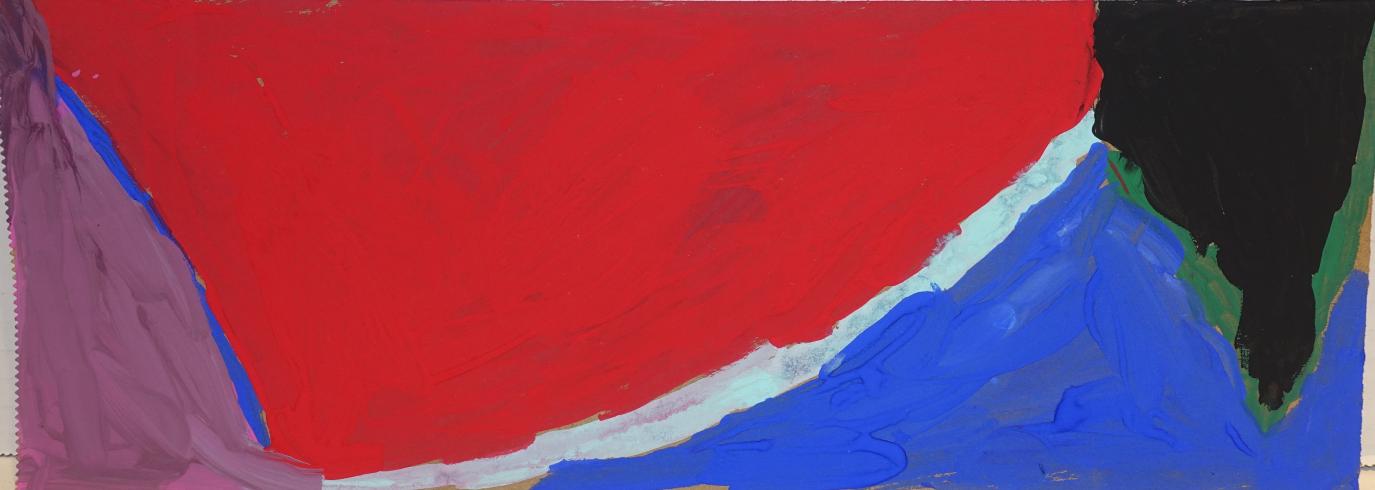 A large red, angular shape surrounded by purple, black, and blue.