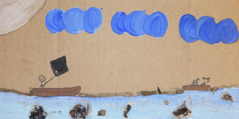 A person and frog in boats underneath blue clouds.