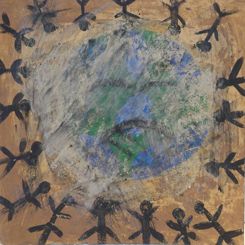 A circle of stick figures around the earth.