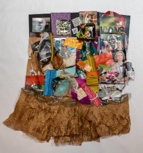 A square collage of photos with brown material skirted at the bottom.