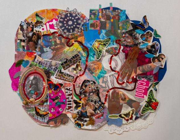 An oval collage of colorful words and photos.