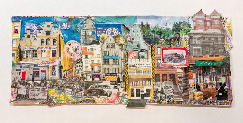 A collage of a street with different buildings.