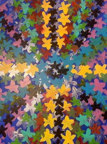 Painting of rows of colorful stars extending from center of painting