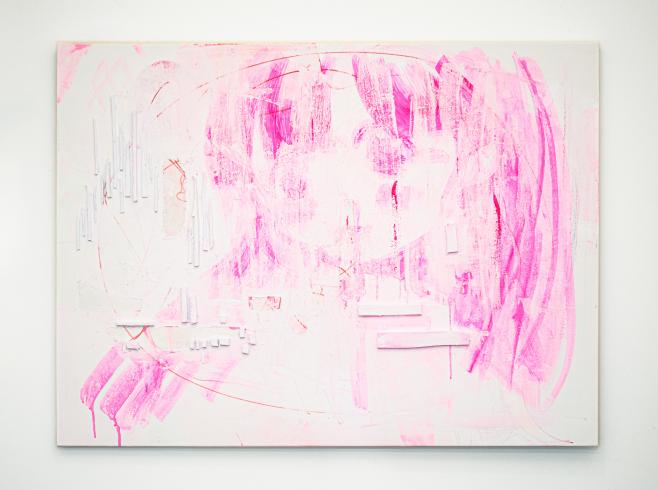 Photograph of a abstract white and pink painting on a white wall
