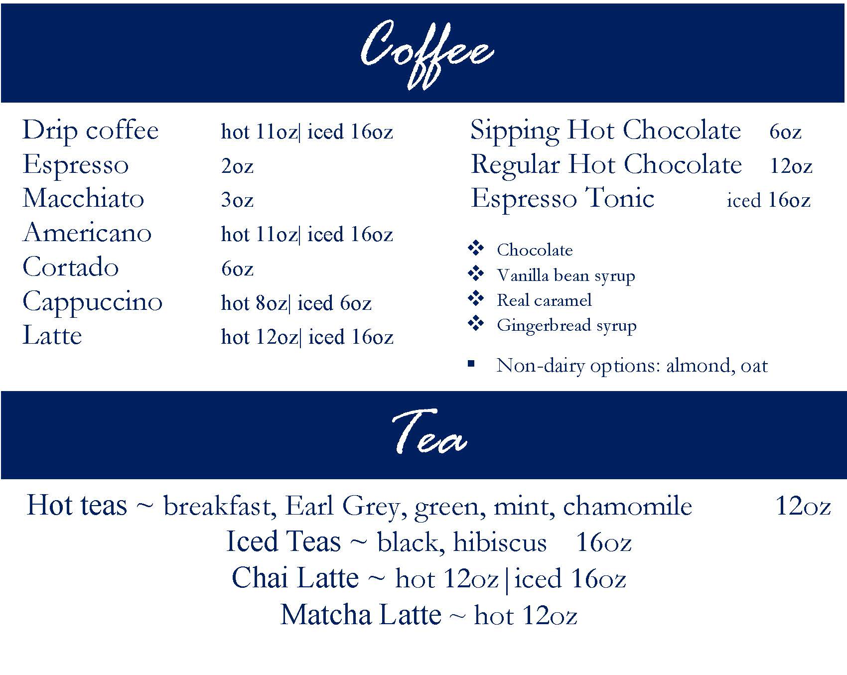 Bread Furst coffee and tea menu