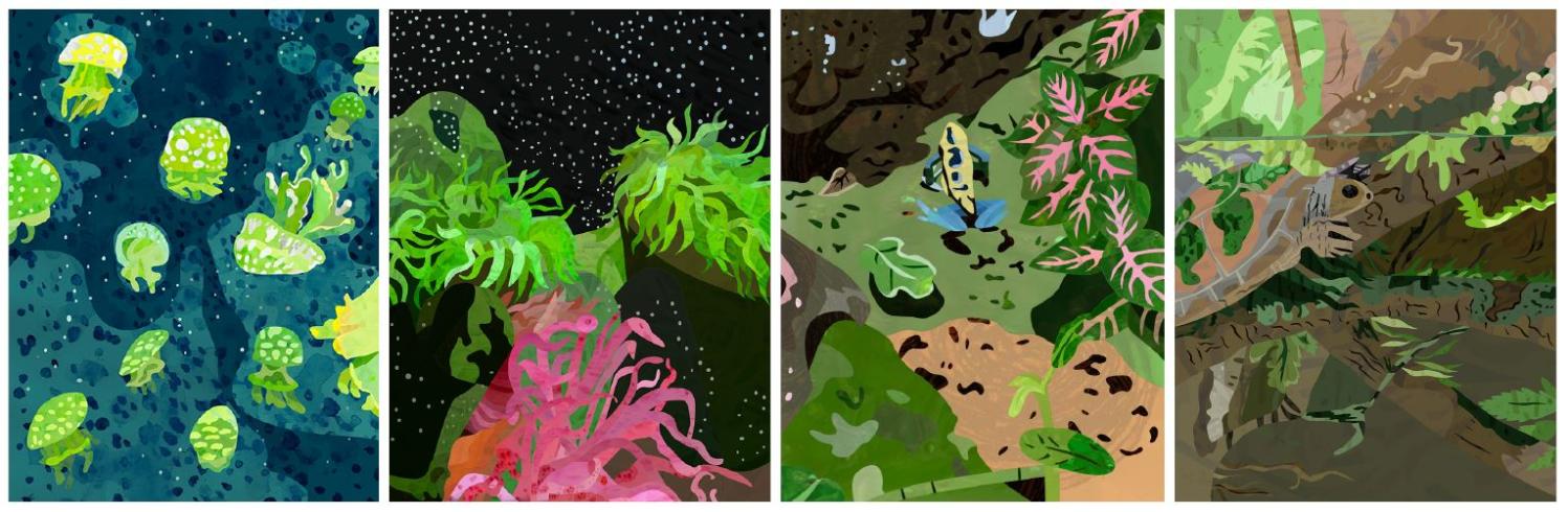 Collage of four artworks depicting aquatic life