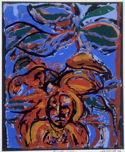 woman in orange with tree in blue background