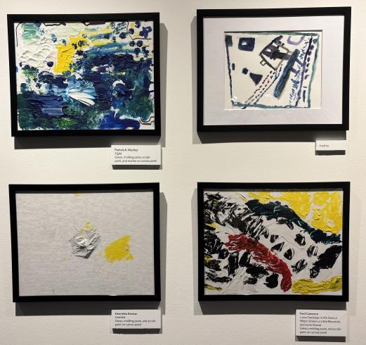 Four framed paintings inspired by Kenzo Okada's "Footsteps."