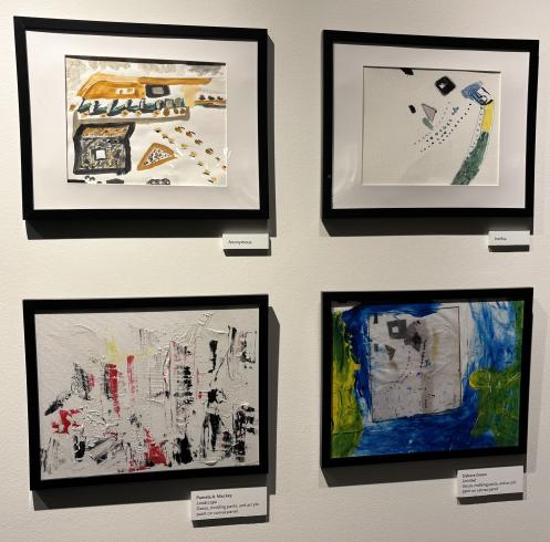 Four framed paintings inspired by Kenzo Okada's "Footsteps."