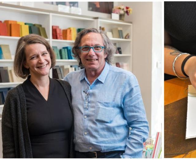 Photograph of Jenni Bick and her husband and photograph of Jenni making a journal