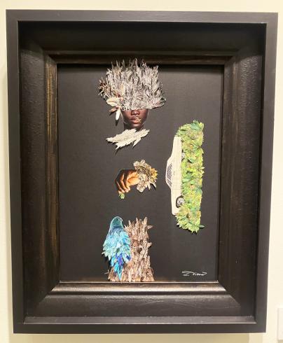 Collage with flowers on a black background and black frame