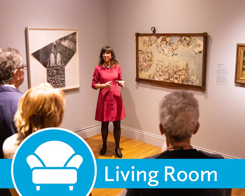 Living Room promo image with Renee giving a gallery talk