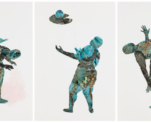 collage triptych of figures created with marbled mylar on white background