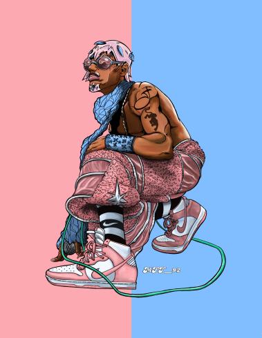 Digital illustration of kneeling figure on a half pink and half blue background