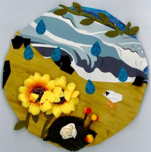 Circle with collage of half water waves and half flowers.