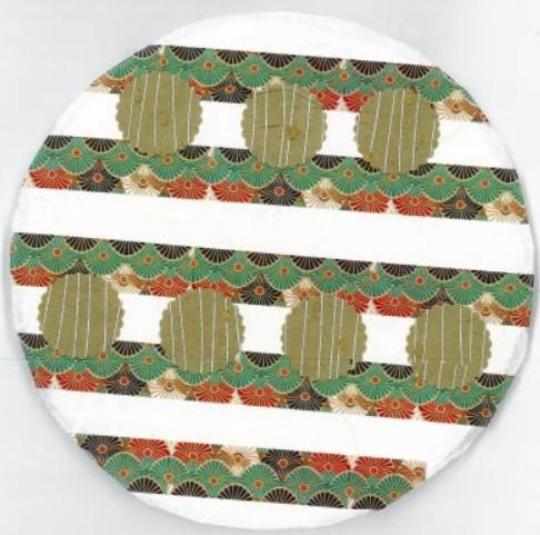 Circle with collage of green, lined circles and patterned rows.