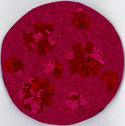 Circle with collage of red materials.