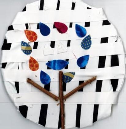 Circle with collage of criss-crossed, white stripes and a stick person.