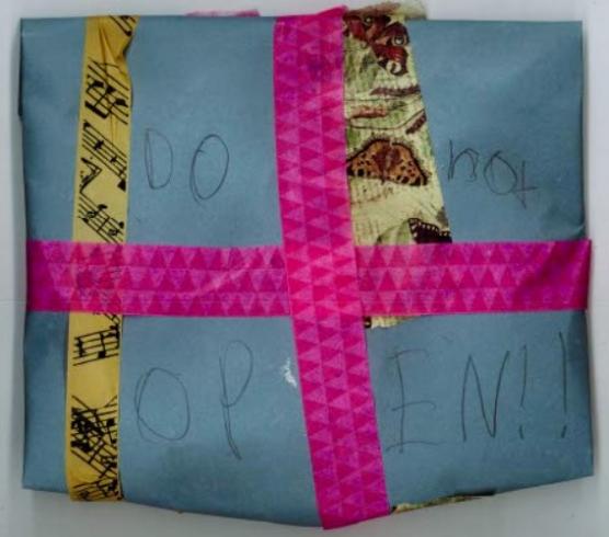Rectangle wrapped with pink ribbon that says, "Do not open!!"