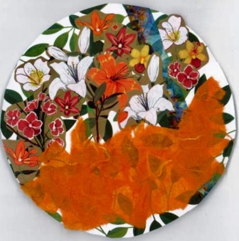 Circle with collage of orange, red, and yellow flowers.