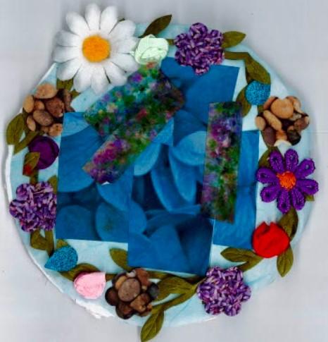 Circle with collage of a variety of flowers and leaves.