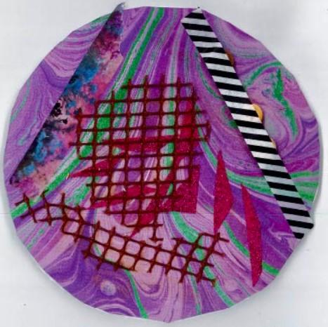 Circle with collage of red netting material on wavy, purple paper. 