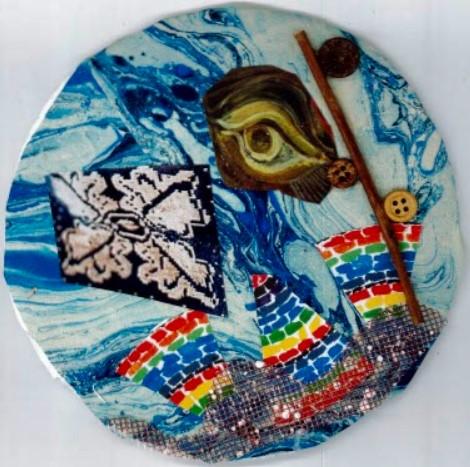 Circle with collage of cropped artworks on wavy, blue paper.