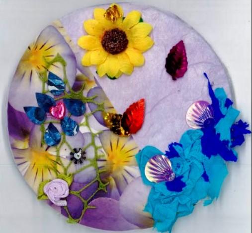Circle with collage of colorful flowers on purple paper.