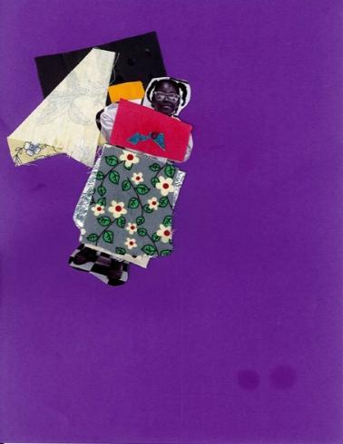 Purple paper with a picture of a girl covered in paper pieces.