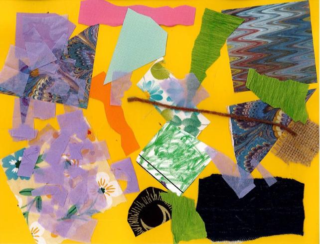 Yellow paper with collaged materials.