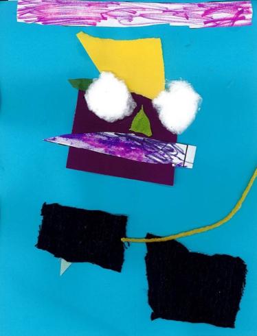 Blue paper with collaged materials.